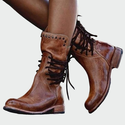 Ana | Botines de Piel Gris con Cordones y Tacón Brillante Marta