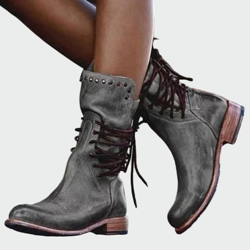 Ana | Botines de Piel Gris con Cordones y Tacón Brillante Marta