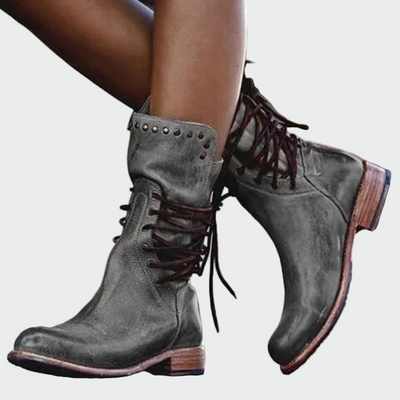 Ana | Botines de Piel Gris con Cordones y Tacón Brillante Marta