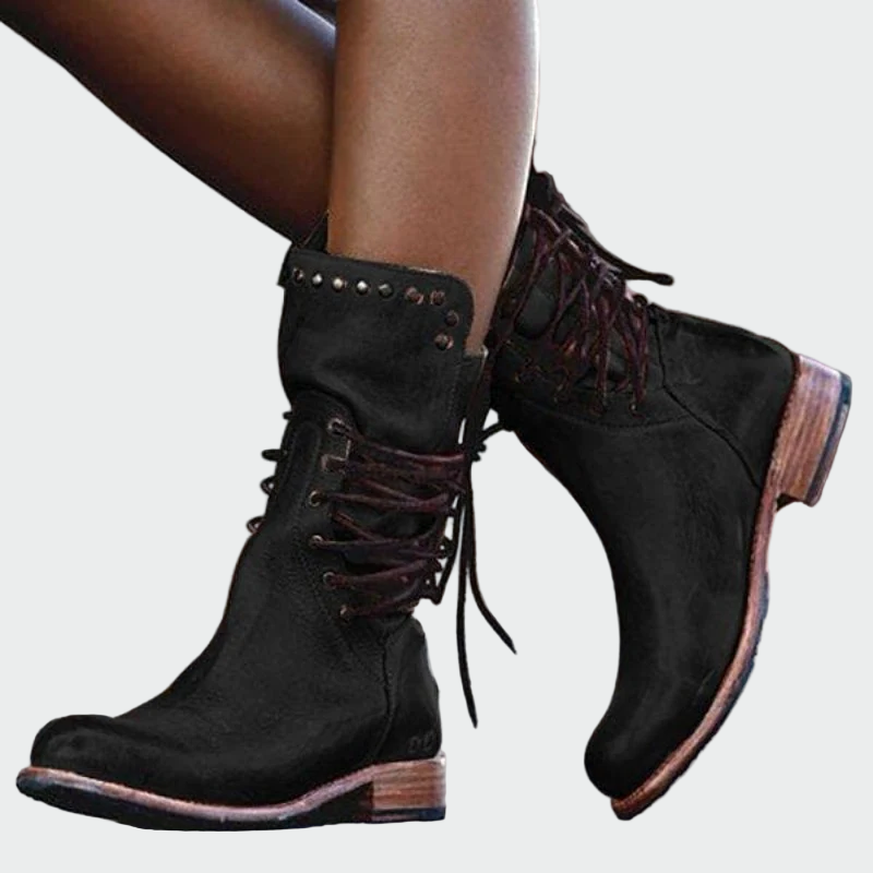 Ana | Botines de Piel Gris con Cordones y Tacón Brillante Marta
