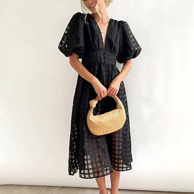 Verónica™ | Vestido midi clásico con mangas abullonadas