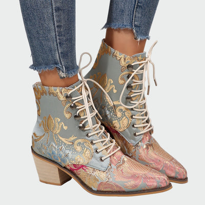 Sandra | Botines de Cuero con Elegantes Flores Brillantes