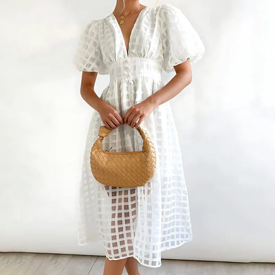 Verónica™ | Vestido midi clásico con mangas abullonadas