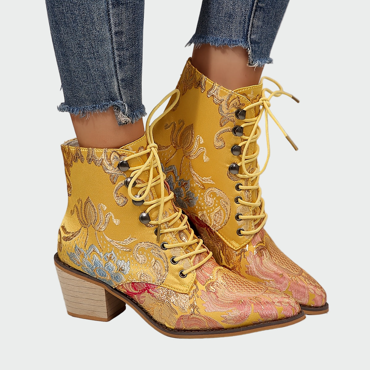 Sandra | Botines de Cuero con Elegantes Flores Brillantes