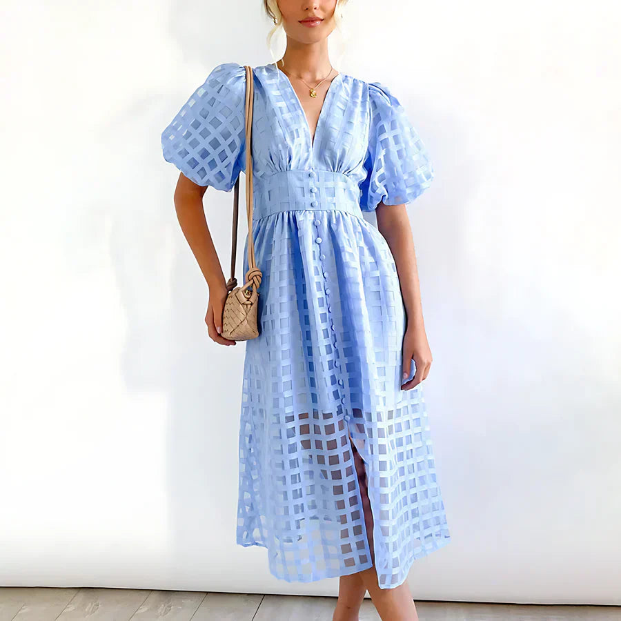 Verónica™ | Vestido midi clásico con mangas abullonadas