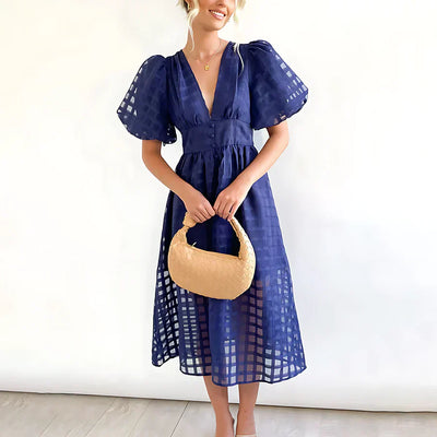 Verónica™ | Vestido midi clásico con mangas abullonadas