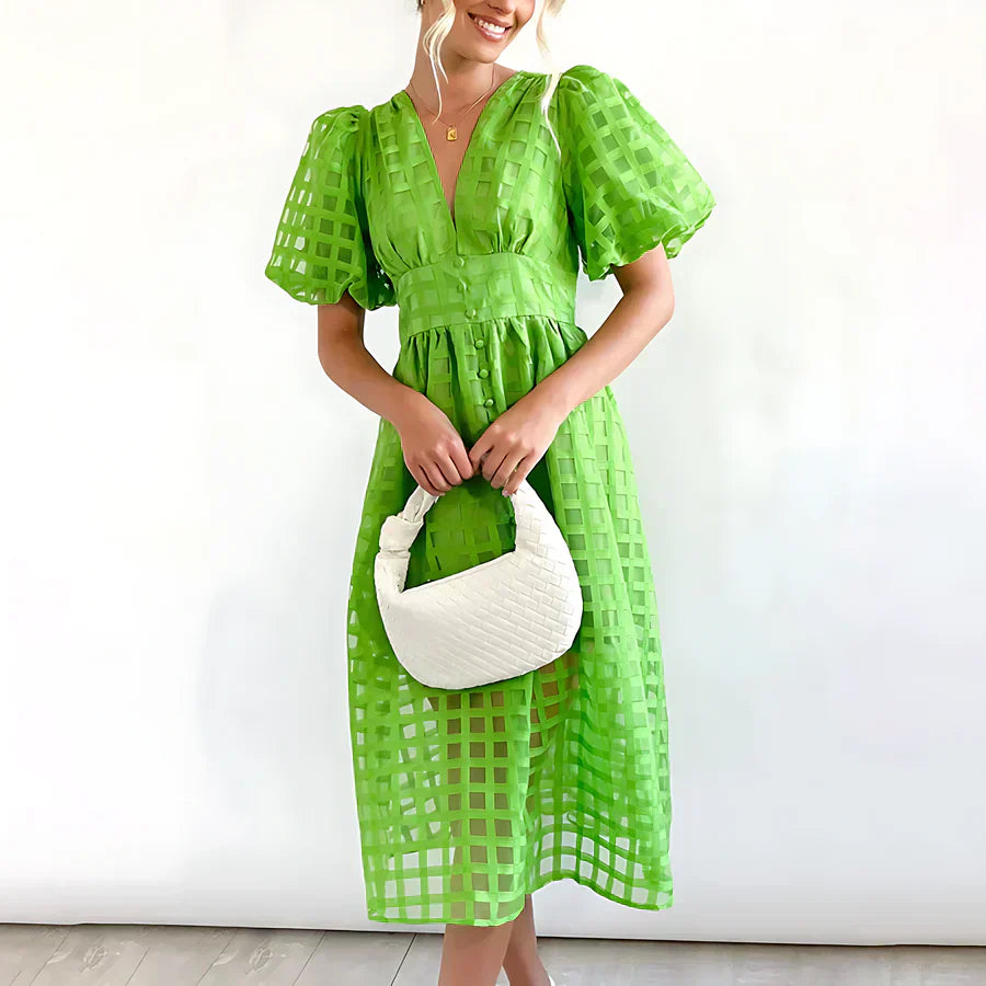 Verónica™ | Vestido midi clásico con mangas abullonadas