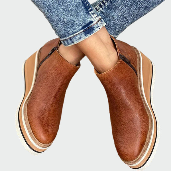 Celia | Elegantes Botines de Cuero Camel con Plataforma