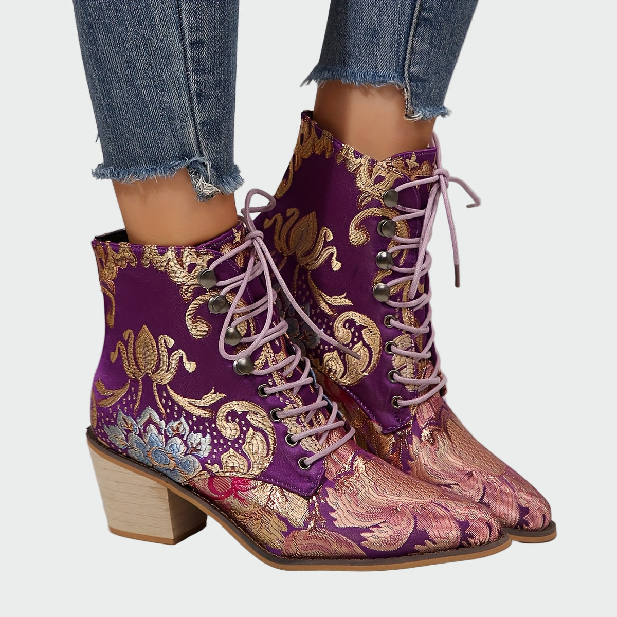 Sandra | Botines de Cuero con Elegantes Flores Brillantes