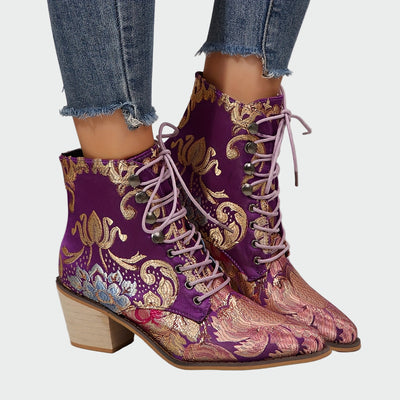 Sandra | Botines de Cuero con Elegantes Flores Brillantes