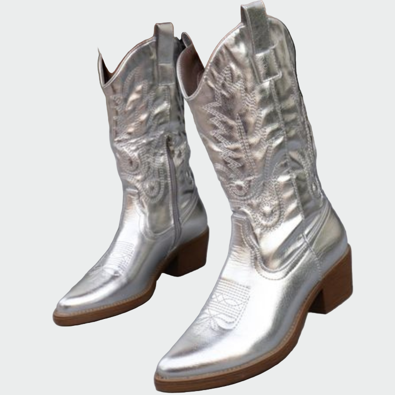 Estrella | Botines de Cowboy Metálicos Rosa con Bordado